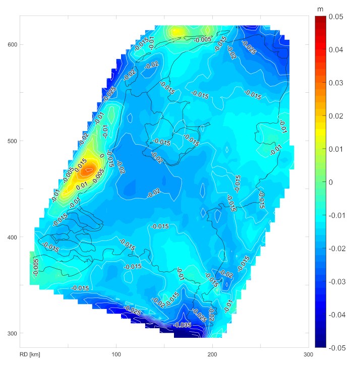 Op deze kaart van Nederland is het verschil tussen NAP-hoogte in de nieuwe situatie (RDNAPTRANS™2018) ten opzichte van de huidige situatie (RDNAPTRANS™2008) aangegeven met kleuren blauw, licht-blauw, geel en rood. De kaart is vooral licht-blauw, wat een negatief verschil tussen de 3 en 0 centimeter aangeeft. 